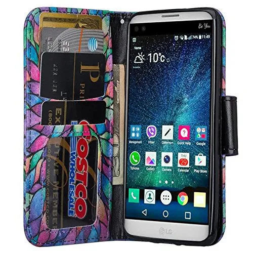 LG K4 (2017) | LG Fortune | LG Phoenix 3 Case, Wrist Strap Magnetic Fold[Kickstand] Pu Leather Wallet Case with ID & Credit Card Slots - Rainbow Flower