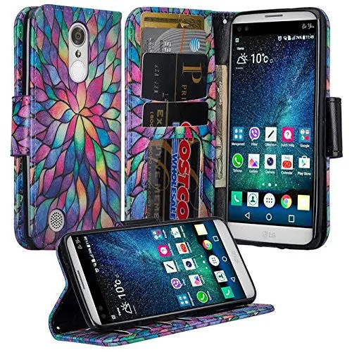 LG K4 (2017) | LG Fortune | LG Phoenix 3 Case, Wrist Strap Magnetic Fold[Kickstand] Pu Leather Wallet Case with ID & Credit Card Slots - Rainbow Flower