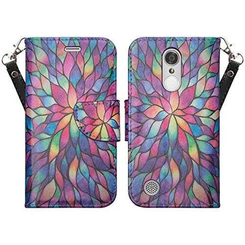 LG K4 (2017) | LG Fortune | LG Phoenix 3 Case, Wrist Strap Magnetic Fold[Kickstand] Pu Leather Wallet Case with ID & Credit Card Slots - Rainbow Flower