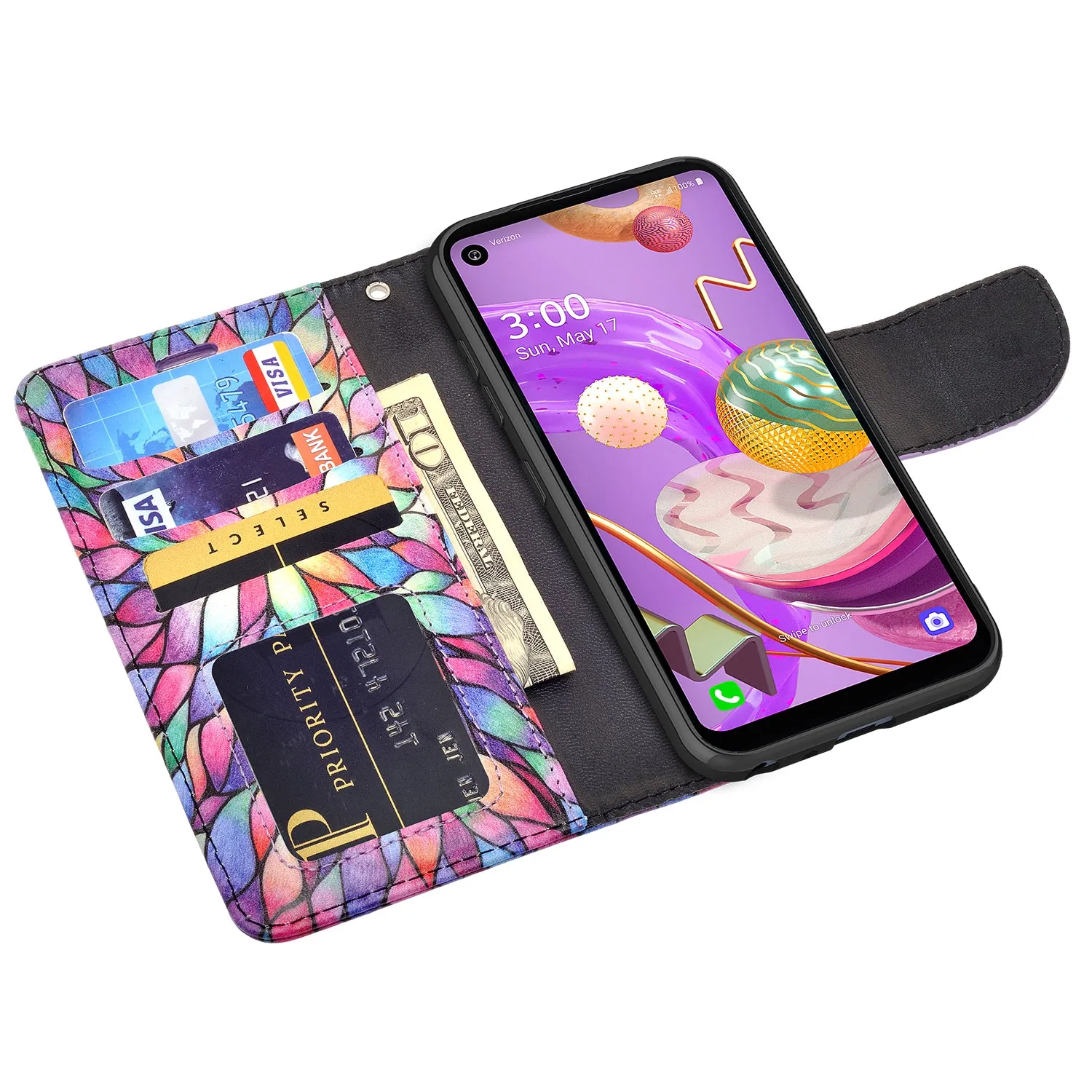 LG K51 Wallet Case, Wrist Strap Pu Leather Wallet Case [Kickstand] with ID & Credit Card Slots - Rainbow Flower