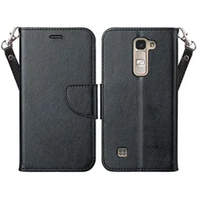 LG K8 | LG Phoenix 2 | LG Escape 3 Case, Double Fold Wallet Case, Wrist Strap Flip Folio [Kickstand Feature] Pu Leather Wallet Case with ID & Credit Card Slots - Black