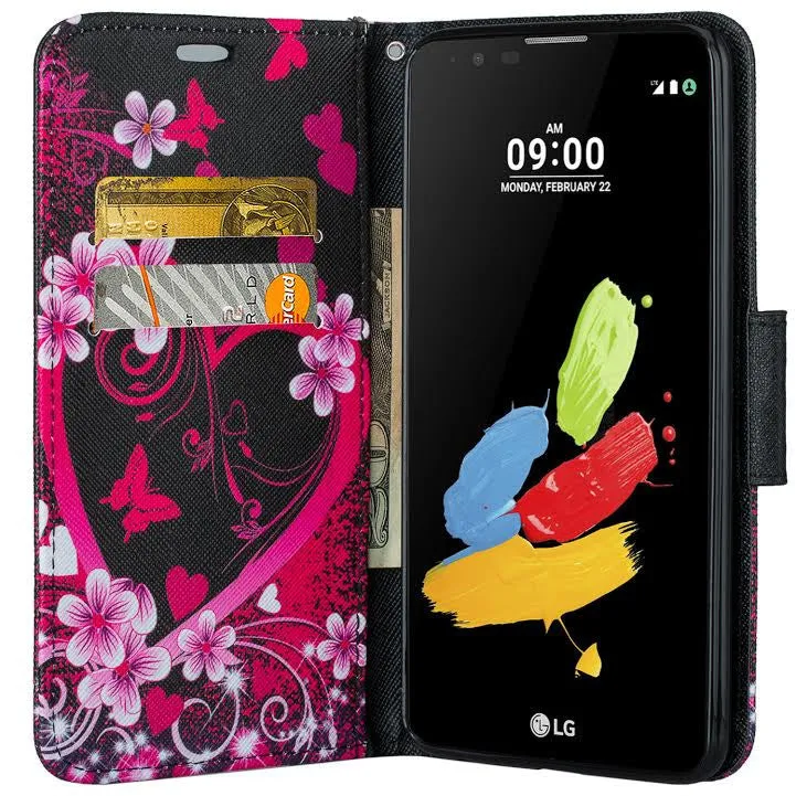 LG Stylo 2 Plus Case, LG Stylo 2 Plus Wallet Case [Kickstand] Pu Leather Wrist Strap Wallet Case w/ ID & Card Slots & Pocket - Heart Butterflies