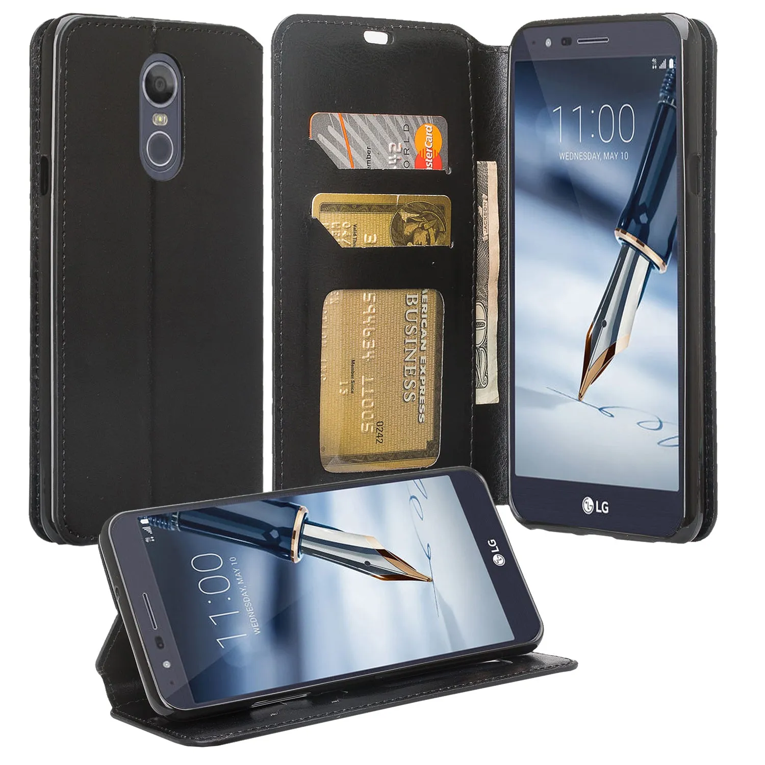 LG Stylo 5 Case, Stylo 5 Leather Wallet Case [Kickstand] with ID & Credit Card Slots - Black