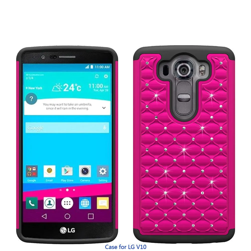 LG V10 Case , Slim Hybrid Dual Layer[Shock Resistant] Crystal Rhinestone Studded Case Cover - Hot Pink/Black