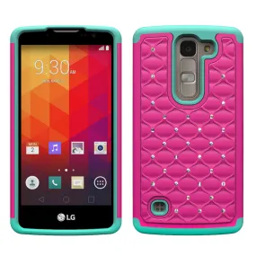 LG Volt2 Case,  LG LS751 Rhinestone Case , Slim Hybrid Dual Layer[Shock Resistant] Crystal Rhinestone Studded Case Cover - Hot Pink/Teal