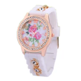 Luxury Flower Silicone Watches Women Diamond Rose Gold Quartz Watch Fashion Wristwatches Clocks Wrist Watches Fine Jewelry