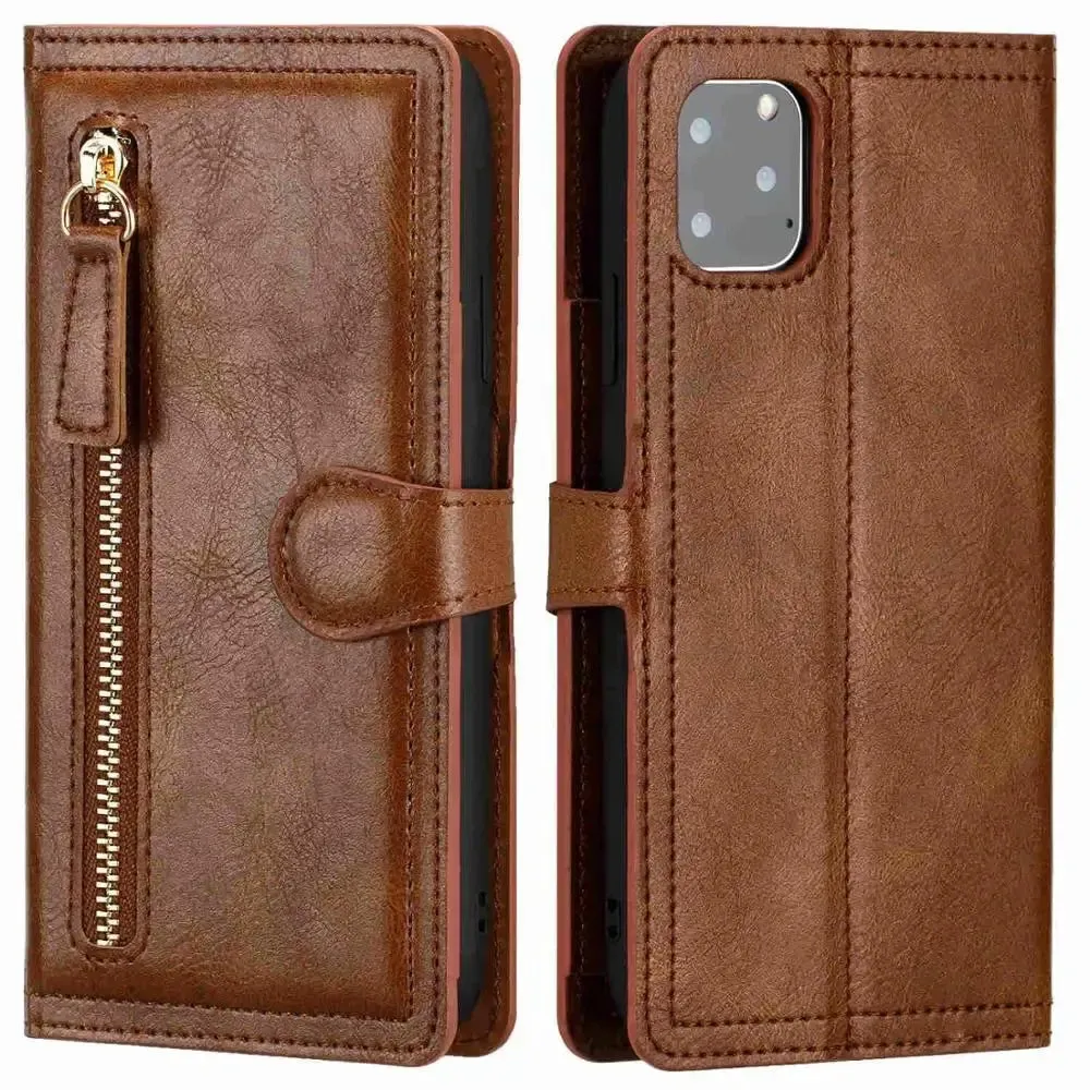 Luxury Leather Zipper Flip Wallet Case for iPhone - Card Holder & Stand