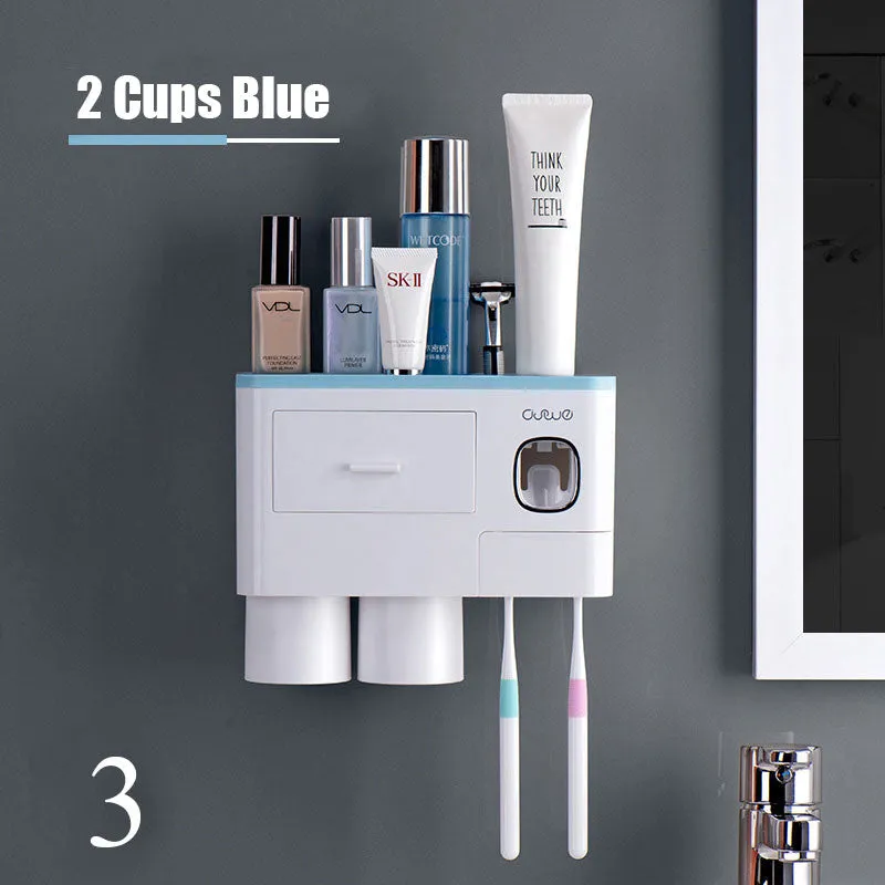 Magnetic Cup Wall Mount Toiletries Storage Rack New Toothbrush Holder Automatic Toothpaste Dispenser Bathroom Set Accessories