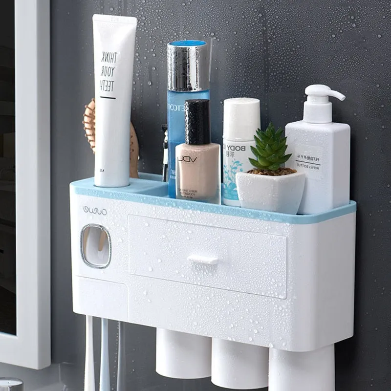 Magnetic Cup Wall Mount Toiletries Storage Rack New Toothbrush Holder Automatic Toothpaste Dispenser Bathroom Set Accessories