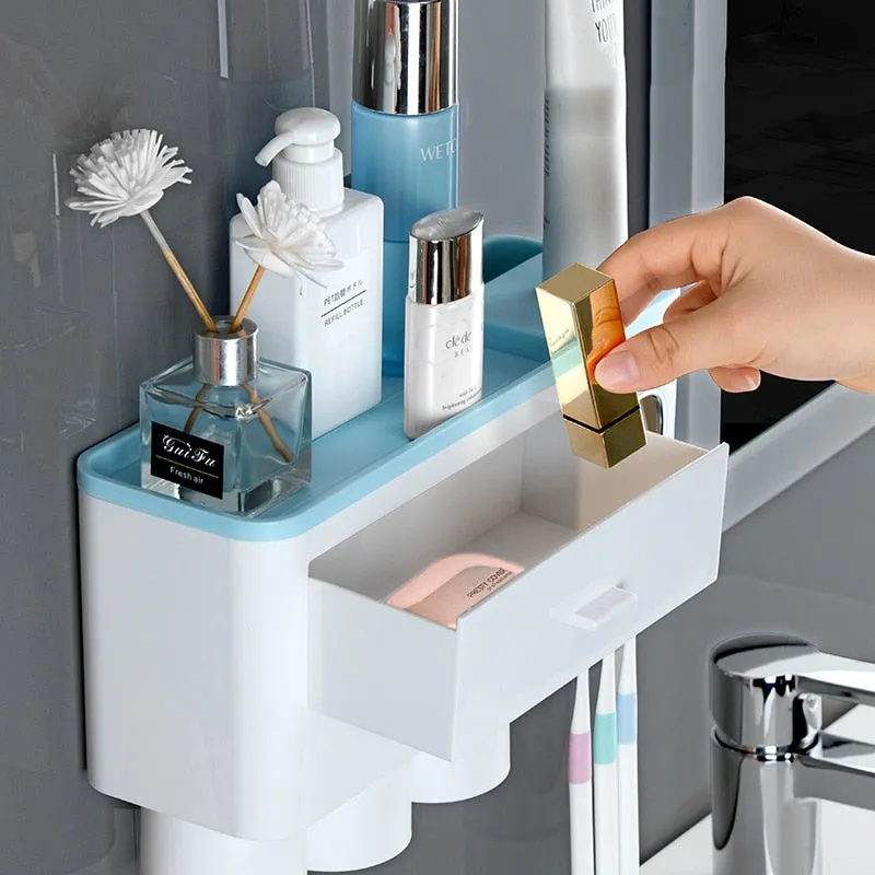 Magnetic Cup Wall Mount Toiletries Storage Rack New Toothbrush Holder Automatic Toothpaste Dispenser Bathroom Set Accessories