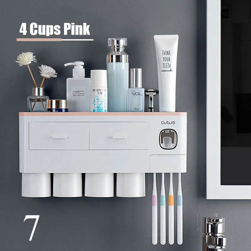 Magnetic Cup Wall Mount Toiletries Storage Rack New Toothbrush Holder Automatic Toothpaste Dispenser Bathroom Set Accessories