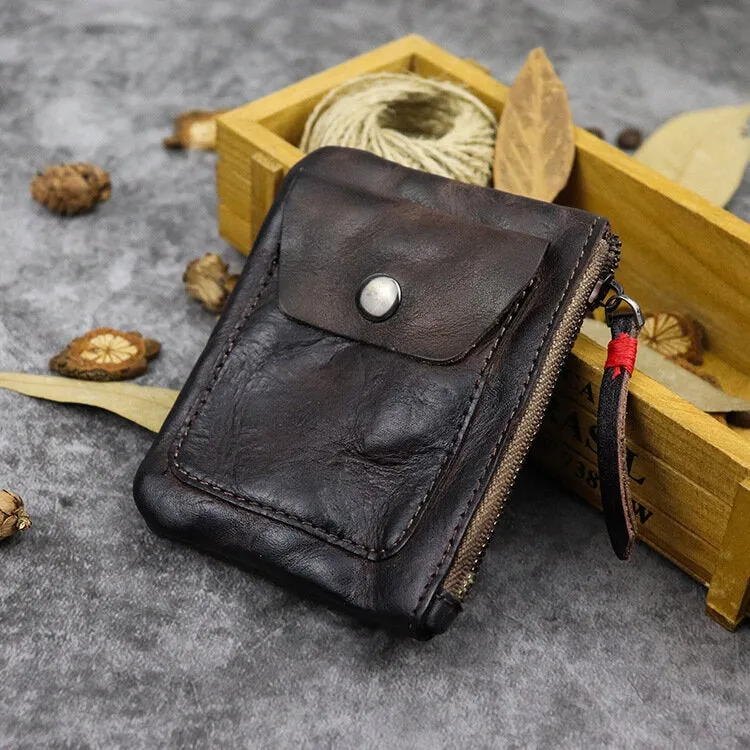 Men Genuine Leather Vegetable Tanned Thin Zipper Wallet Fold Large Capacity Card Holder Money Clip Coin Purse