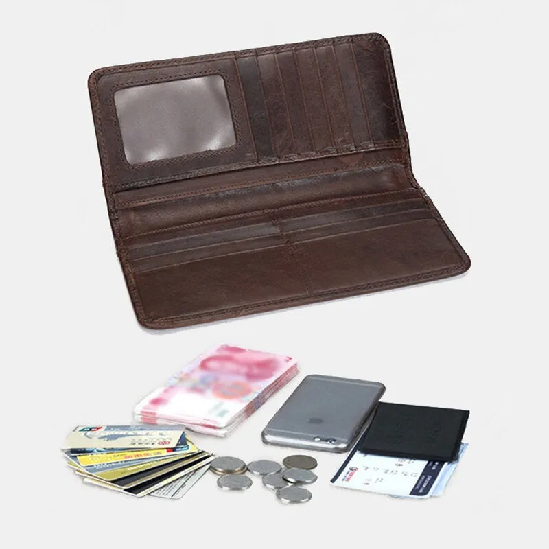 Men Retro Long Bifold Genuine Leather Wallet Casual 12 Card Slot Card Holder Money Clip Clutch Bag