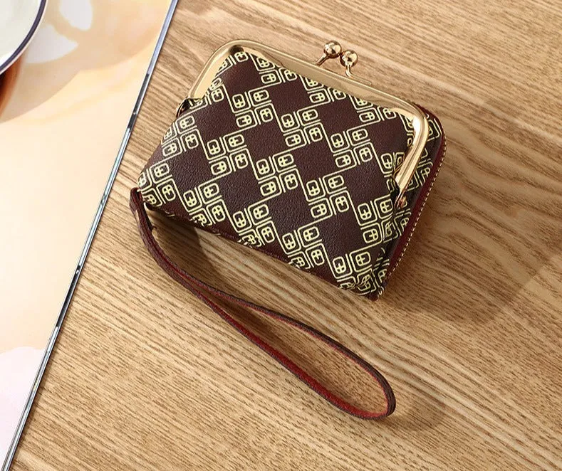 Mini Clutch Wallet, Classic Kiss-Lock & Zipper Coin Purse, Card Case With Removable Wristlet