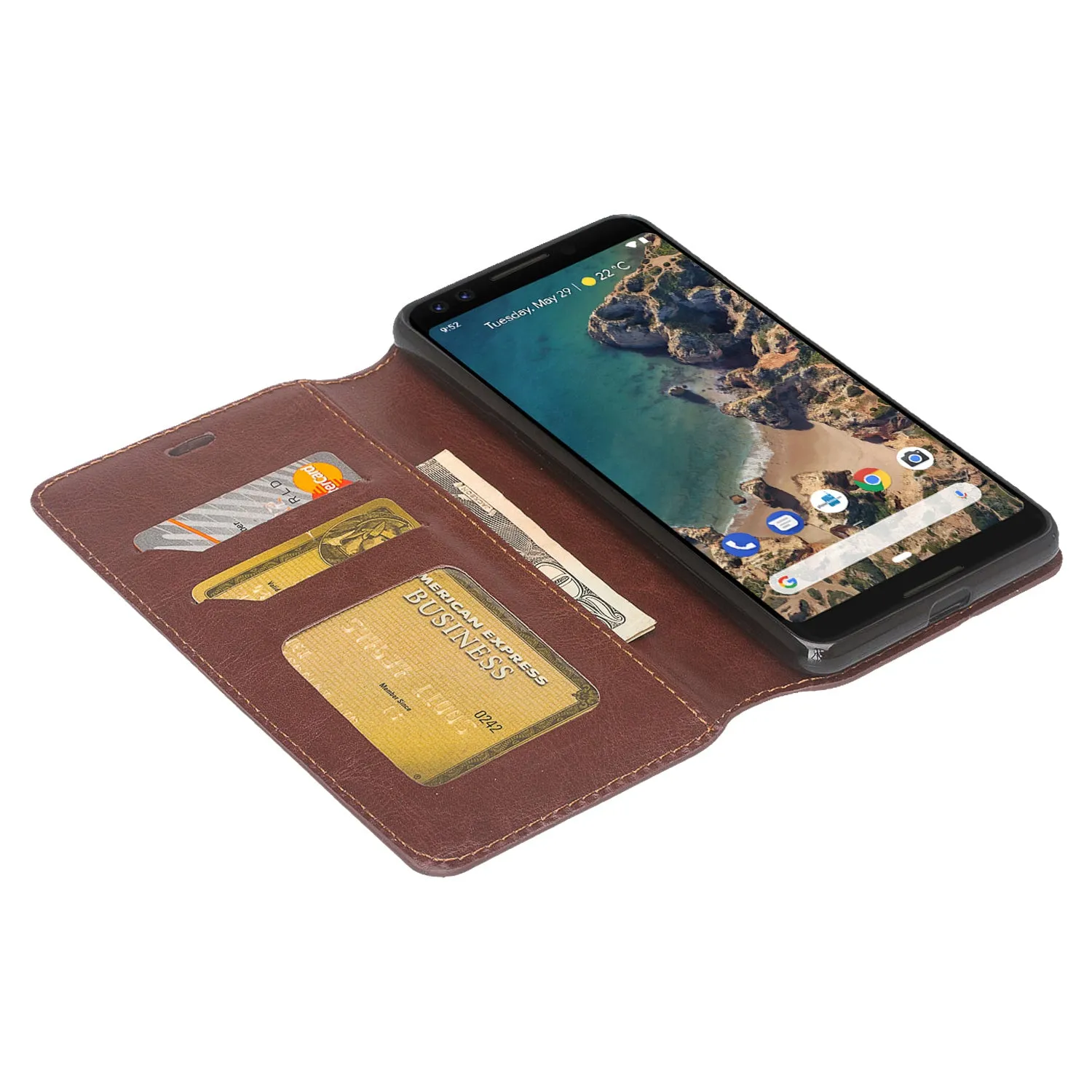 Pixel 3 XL Case, Google Pixel 3 XL, Slim Flip Folio [Kickstand] Pu Leather Wallet Case with ID & Card Slots & Pocket - Brown