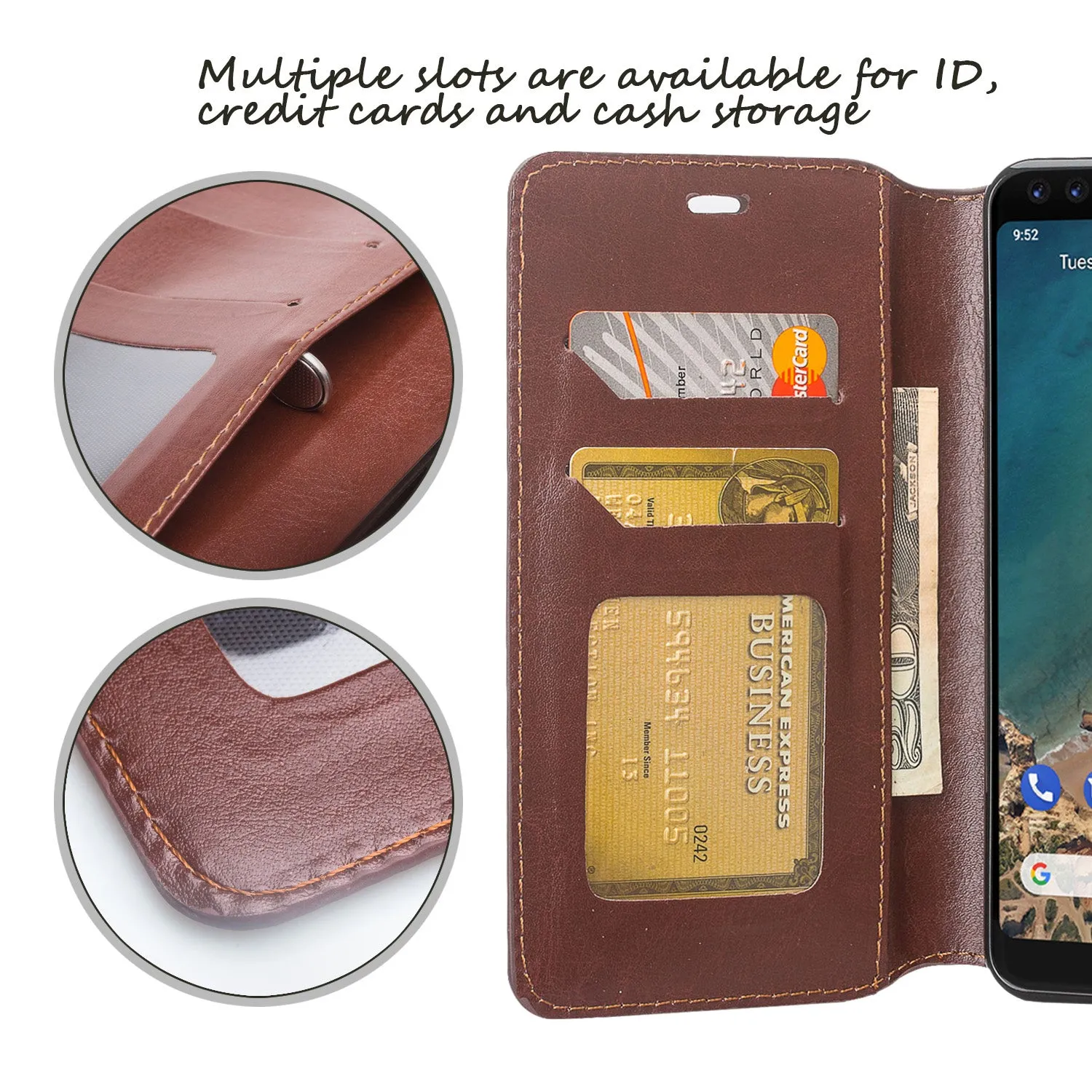 Pixel 3 XL Case, Google Pixel 3 XL, Slim Flip Folio [Kickstand] Pu Leather Wallet Case with ID & Card Slots & Pocket - Brown