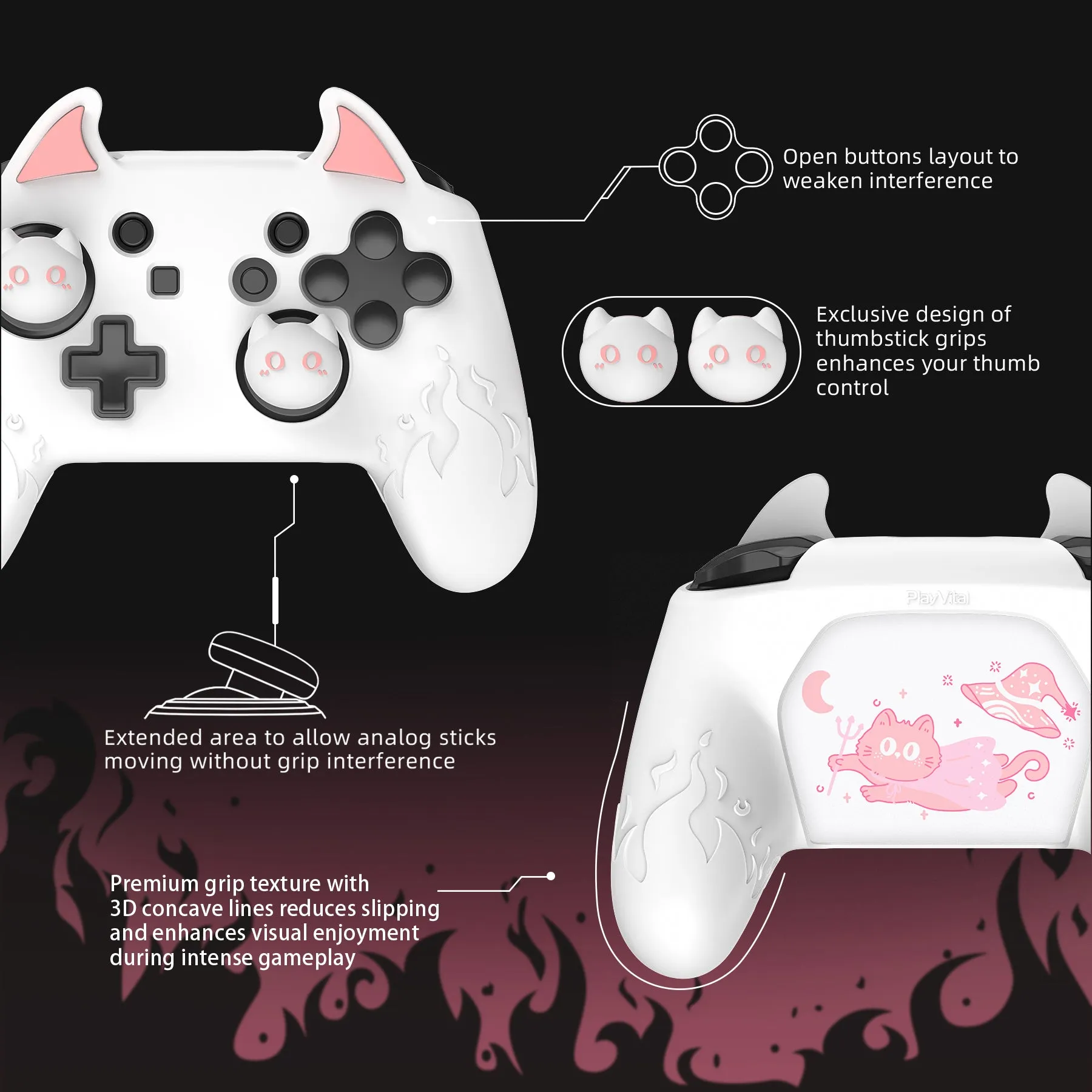 PlayVital Cute Demon Silicone Grip Cover for Nintendo Switch Pro Controller, Anti-Slip Protective Skin with Joystick Caps and Stickers Compatible with Nintendo Switch Pro - White - AMDNPP003