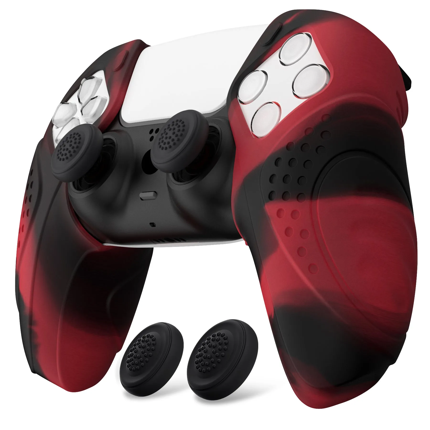 PlayVital Guardian Edition Red & Black Ergonomic Soft Controller Silicone Case Grips for PS5, Rubber Protector Skins with Thumbstick Caps for PS5 Controller – Compatible with Charging Station - YHPF028