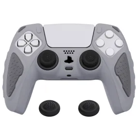 PlayVital Knight Edition Metallic Gray & Dark Gray Two Tone Anti-Slip Silicone Cover Skin for Playstation 5 Controller, Soft Rubber Case for PS5 Controller with Thumb Grip Caps - QSPF011