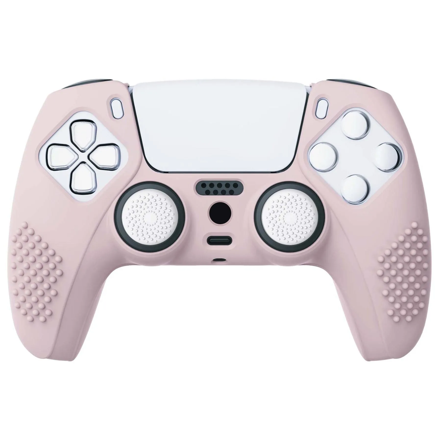 PlayVital Pink 3D Studded Edition Anti-slip Silicone Cover Skin for 5 Controller, Soft Rubber Case Protector for PS5 Wireless Controller with 6 White Thumb Grip Caps - TDPF005