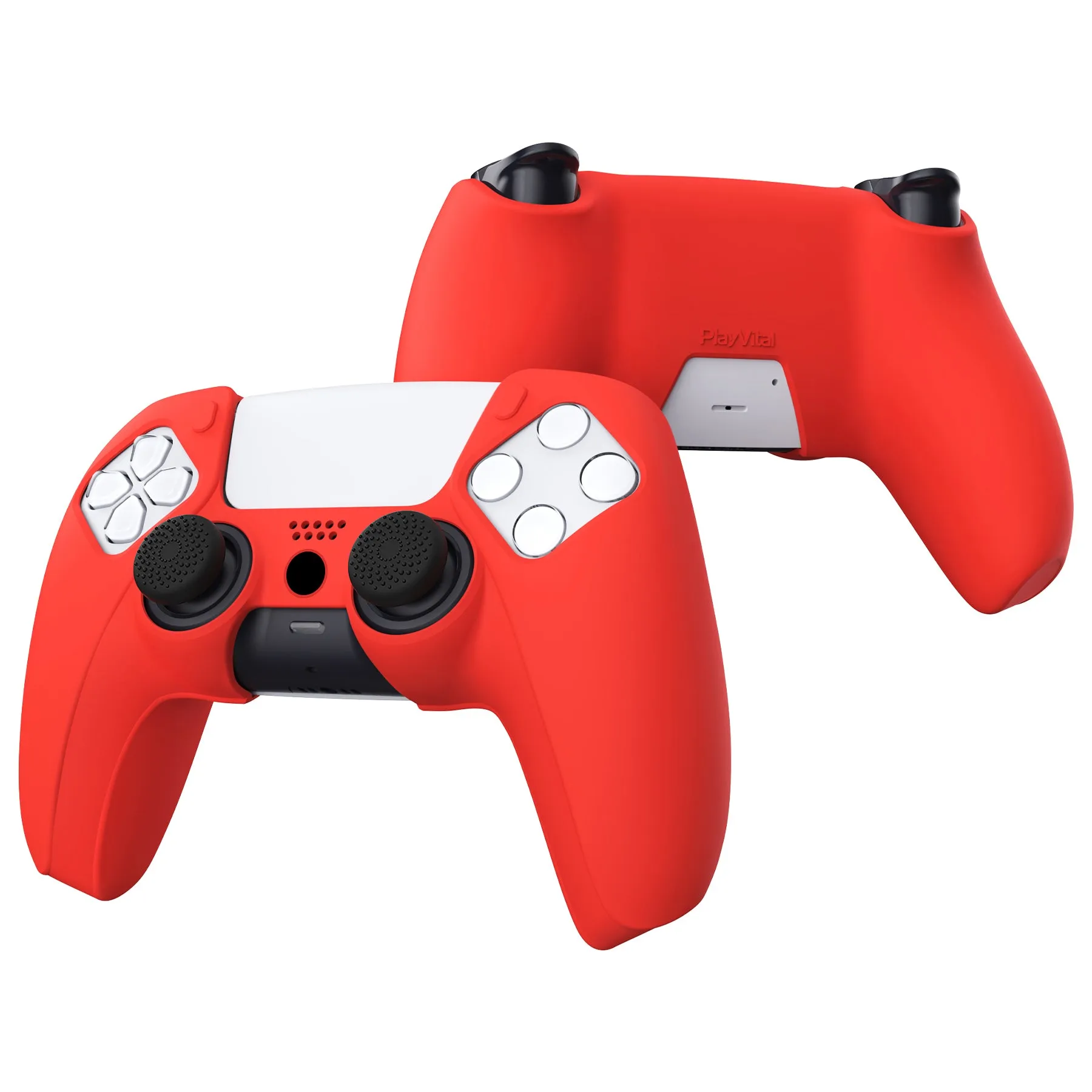 PlayVital Pure Series Dockable Model Anti-Slip Silicone Cover Skin for ps5 Controller, Soft Rubber Grip Case for ps5 Wireless Controller Fits with Charging Station with 6 Thumb Grip Caps - Passion Red - EKPFP005