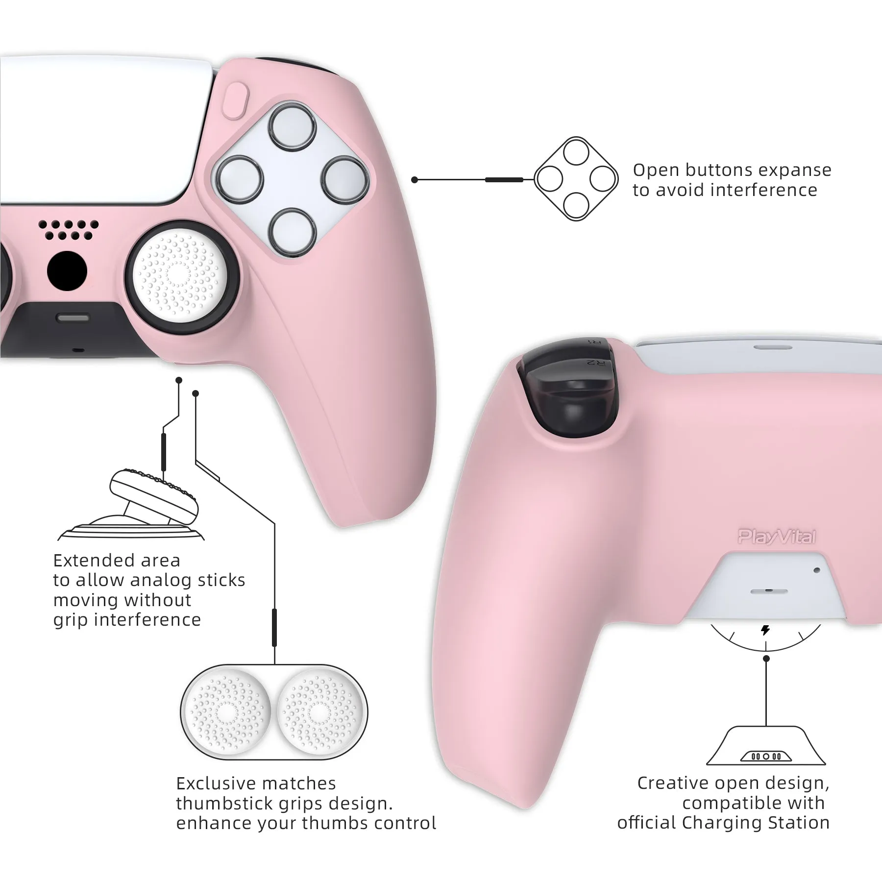 PlayVital Pure Series Ergonomic Anti-Slip Silicone Cover Skin for PS5 Controller, Soft Rubber Grip Case for PS5 Wireless Controller Fits with Charging Station with 6 Thumb Grip Caps - Cherry Blossoms Pink - EKPFP007