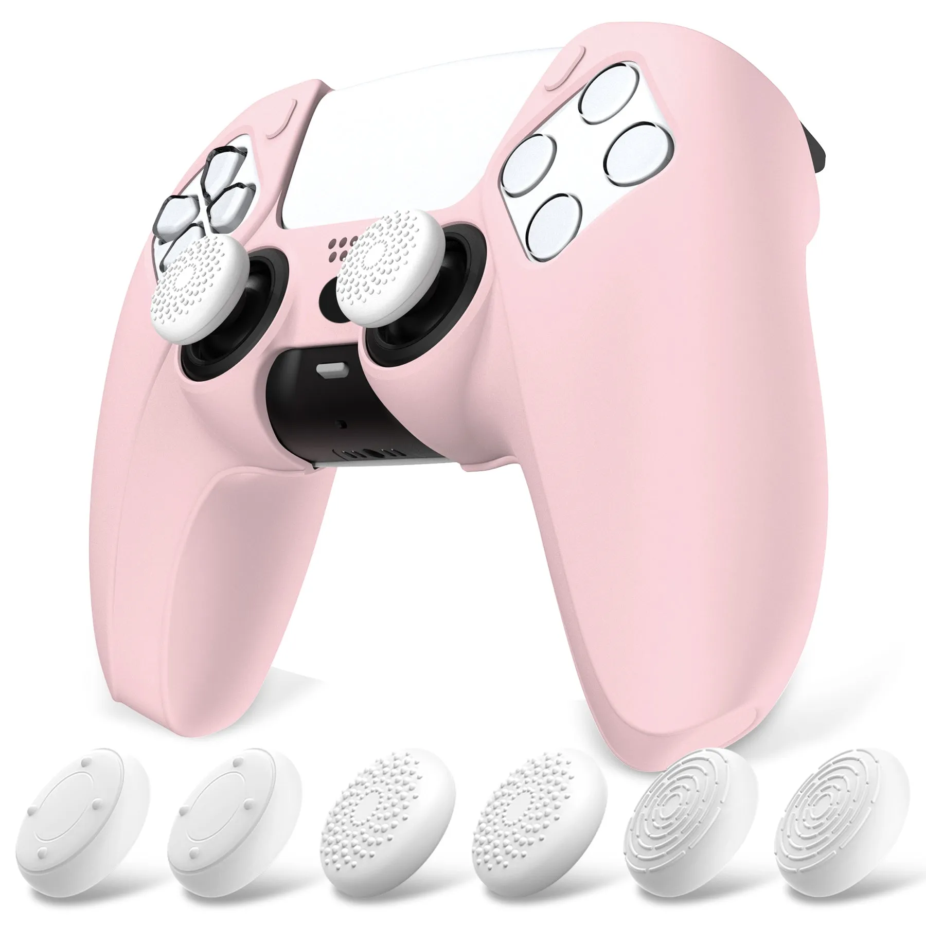 PlayVital Pure Series Ergonomic Anti-Slip Silicone Cover Skin for PS5 Controller, Soft Rubber Grip Case for PS5 Wireless Controller Fits with Charging Station with 6 Thumb Grip Caps - Cherry Blossoms Pink - EKPFP007