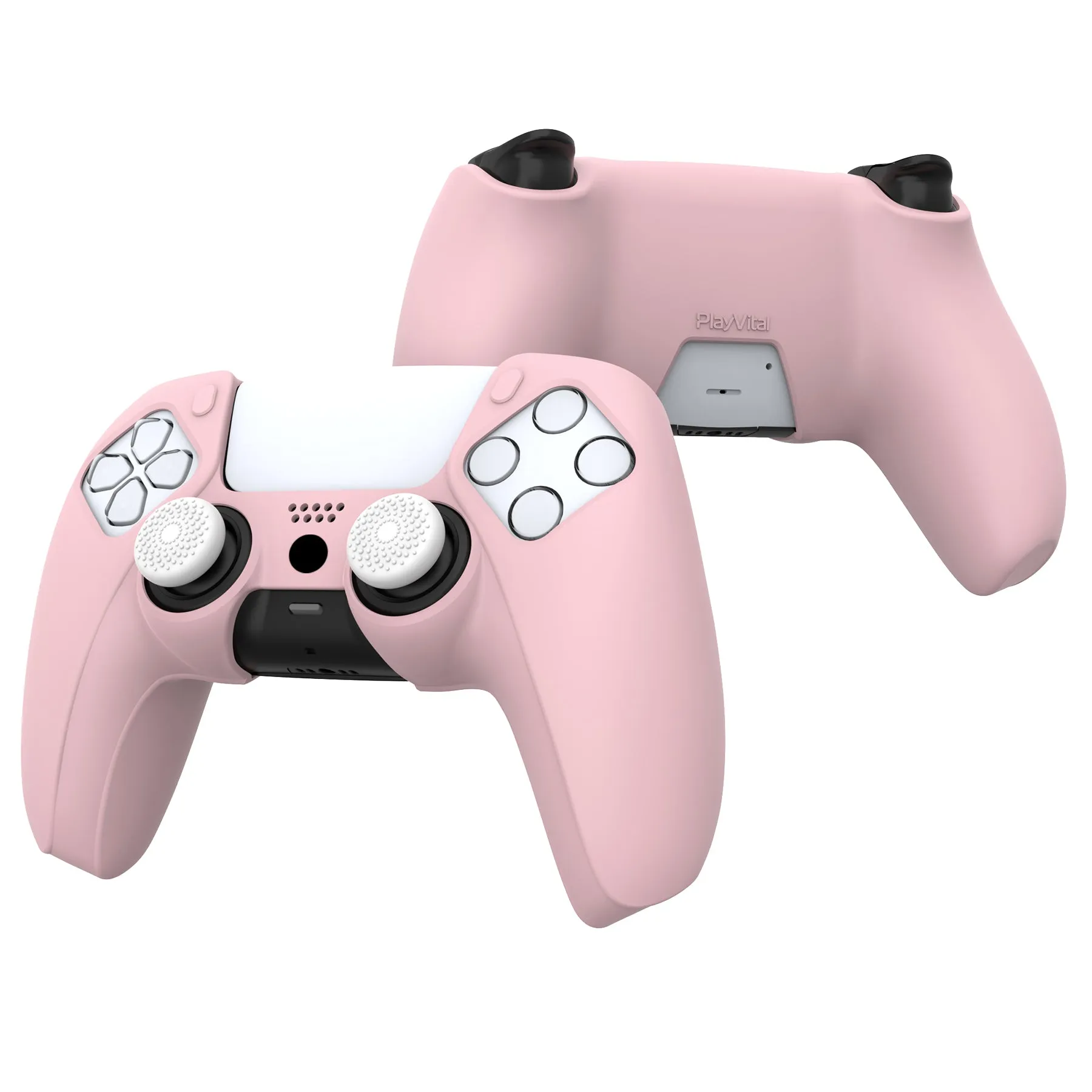 PlayVital Pure Series Ergonomic Anti-Slip Silicone Cover Skin for PS5 Controller, Soft Rubber Grip Case for PS5 Wireless Controller Fits with Charging Station with 6 Thumb Grip Caps - Cherry Blossoms Pink - EKPFP007