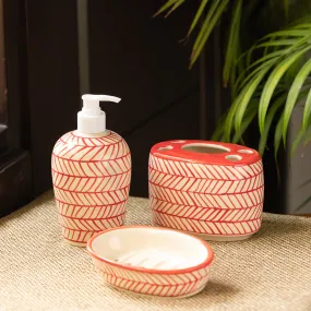 'Red Chevrons' Handpainted Ceramic Bathroom Accessory Set (Set Of 3)