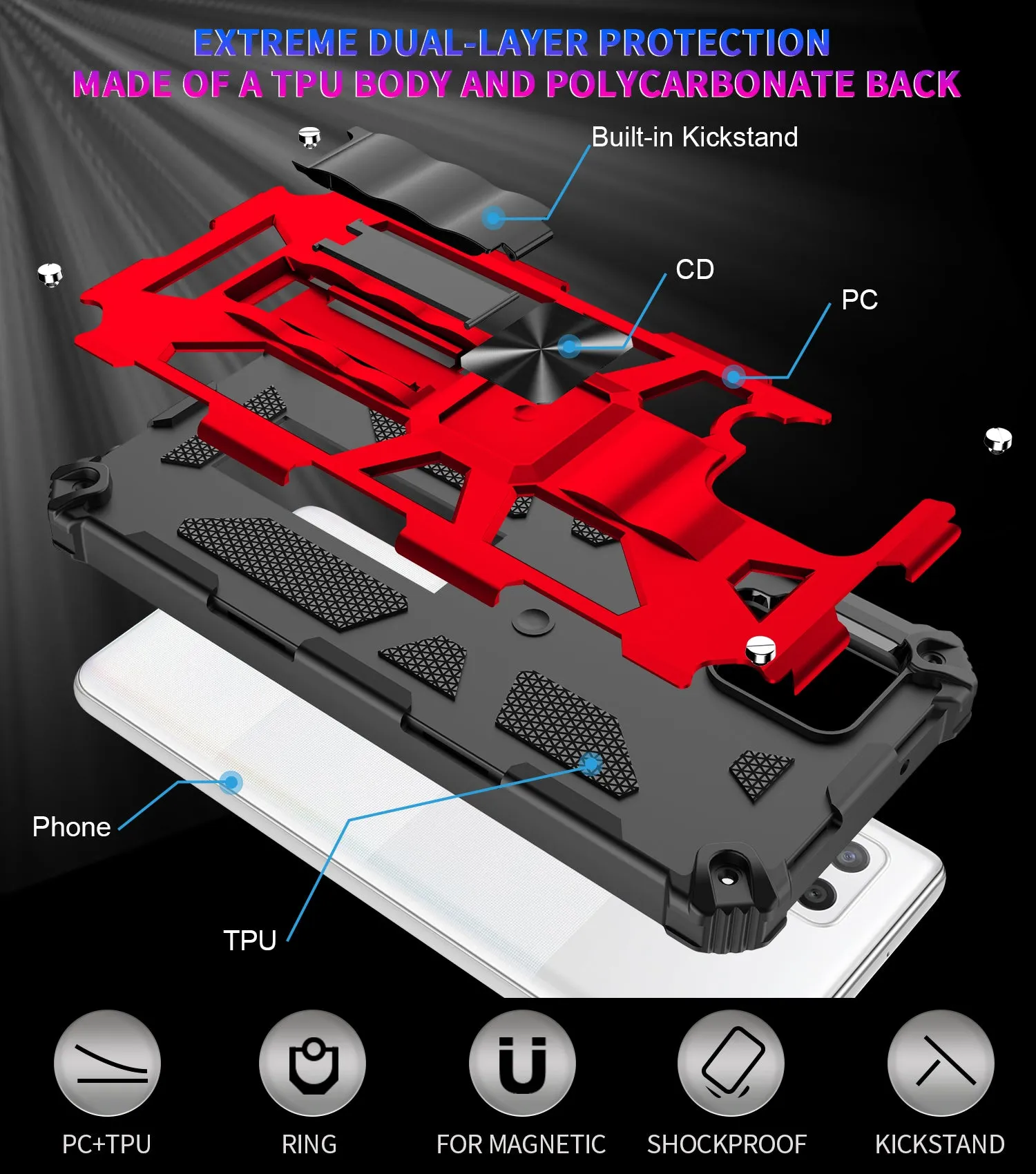 Samsung Galaxy A12 Case [Military Grade] Ring Car Mount Kickstand Hybrid Hard PC Soft TPU Shockproof Protective Case - Red