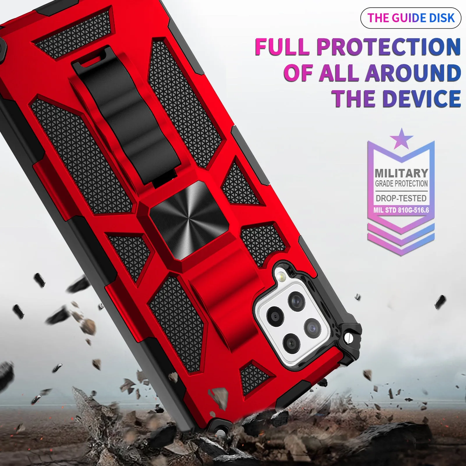 Samsung Galaxy A12 Case [Military Grade] Ring Car Mount Kickstand Hybrid Hard PC Soft TPU Shockproof Protective Case - Red