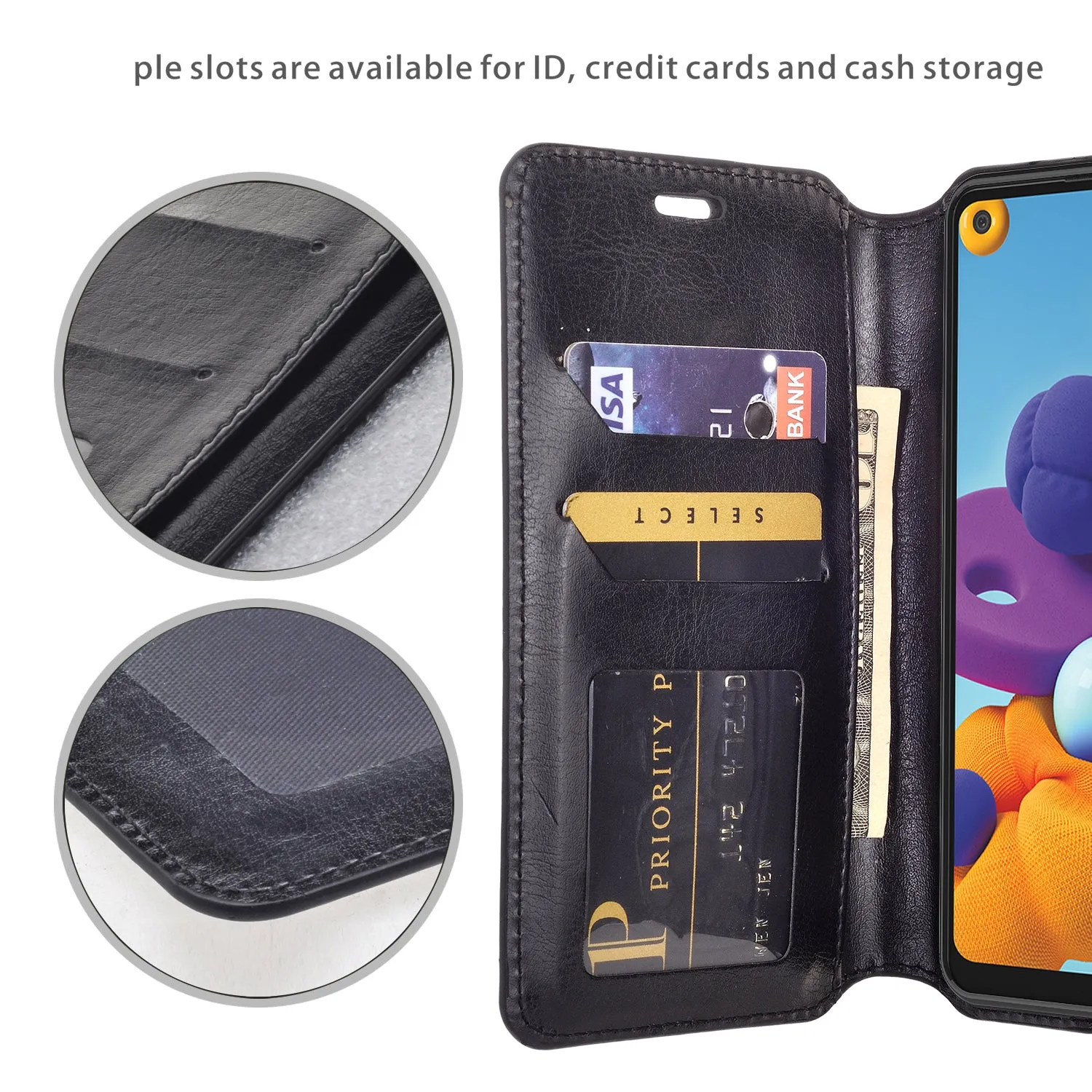 Samsung Galaxy A21 Case, Galaxy A21 Wallet Case, Pu Leather Wallet Case [Kickstand] with ID & Credit Card Slots for Galaxy A21  - Black