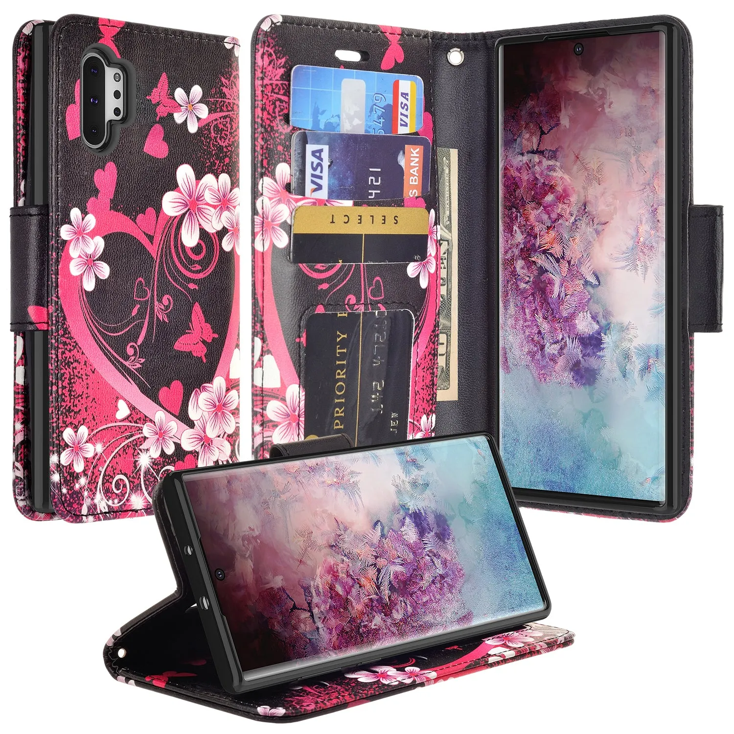 Samsung Galaxy A32 5G Case, Galaxy A32 5G Wallet Case, Wrist Strap Pu Leather Wallet Case [Kickstand] with ID & Credit Card Slots - Heart Butterflies