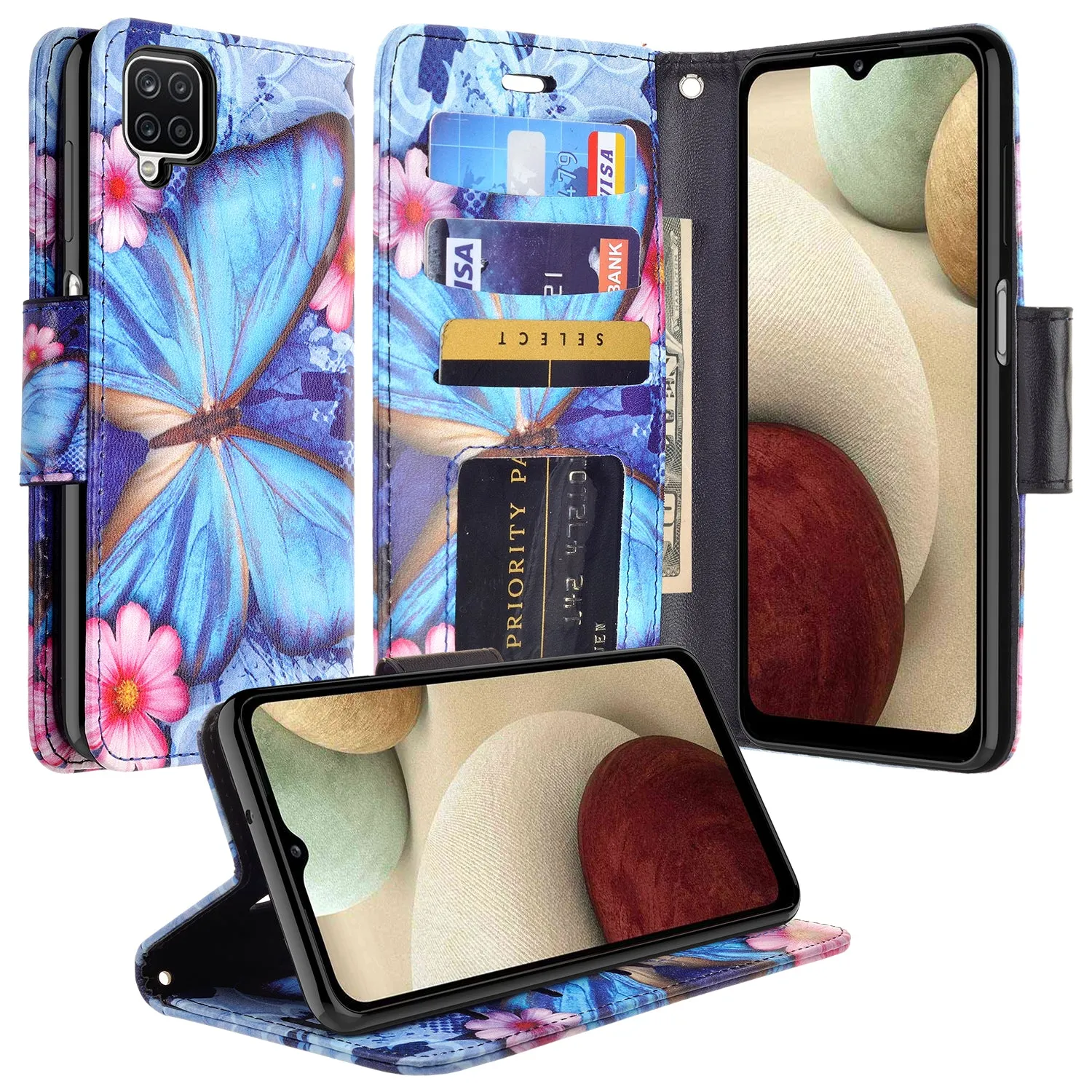 Samsung Galaxy A42 5G Case, Galaxy A42 5G Wallet Case, Wrist Strap Pu Leather Wallet Case [Kickstand] with ID & Credit Card Slots - Blue Butterfly