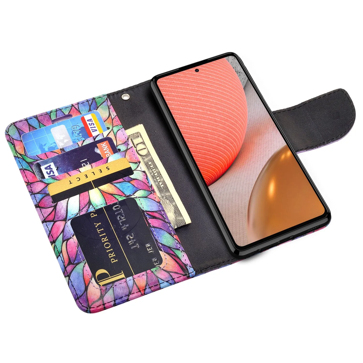 Samsung Galaxy A52 5G Case, Galaxy A52 5G Wallet Case, Wrist Strap Pu Leather Wallet Case [Kickstand] with ID & Credit Card Slots - Rainbow Flower