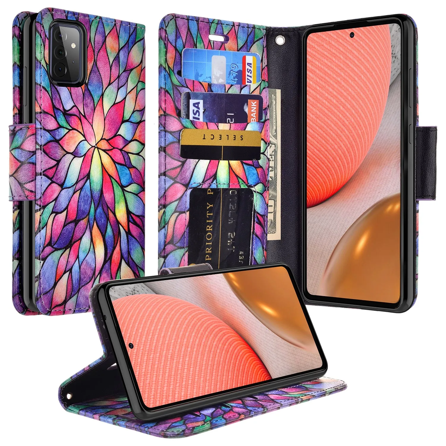 Samsung Galaxy A52 5G Case, Galaxy A52 5G Wallet Case, Wrist Strap Pu Leather Wallet Case [Kickstand] with ID & Credit Card Slots - Rainbow Flower