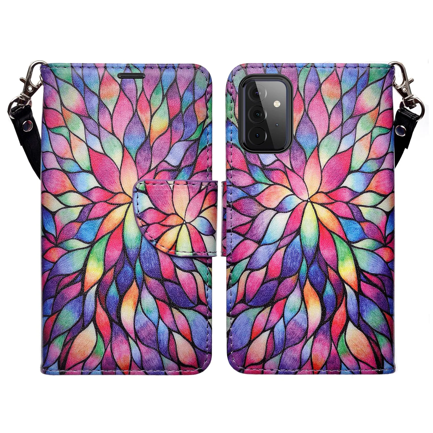 Samsung Galaxy A52 5G Case, Galaxy A52 5G Wallet Case, Wrist Strap Pu Leather Wallet Case [Kickstand] with ID & Credit Card Slots - Rainbow Flower