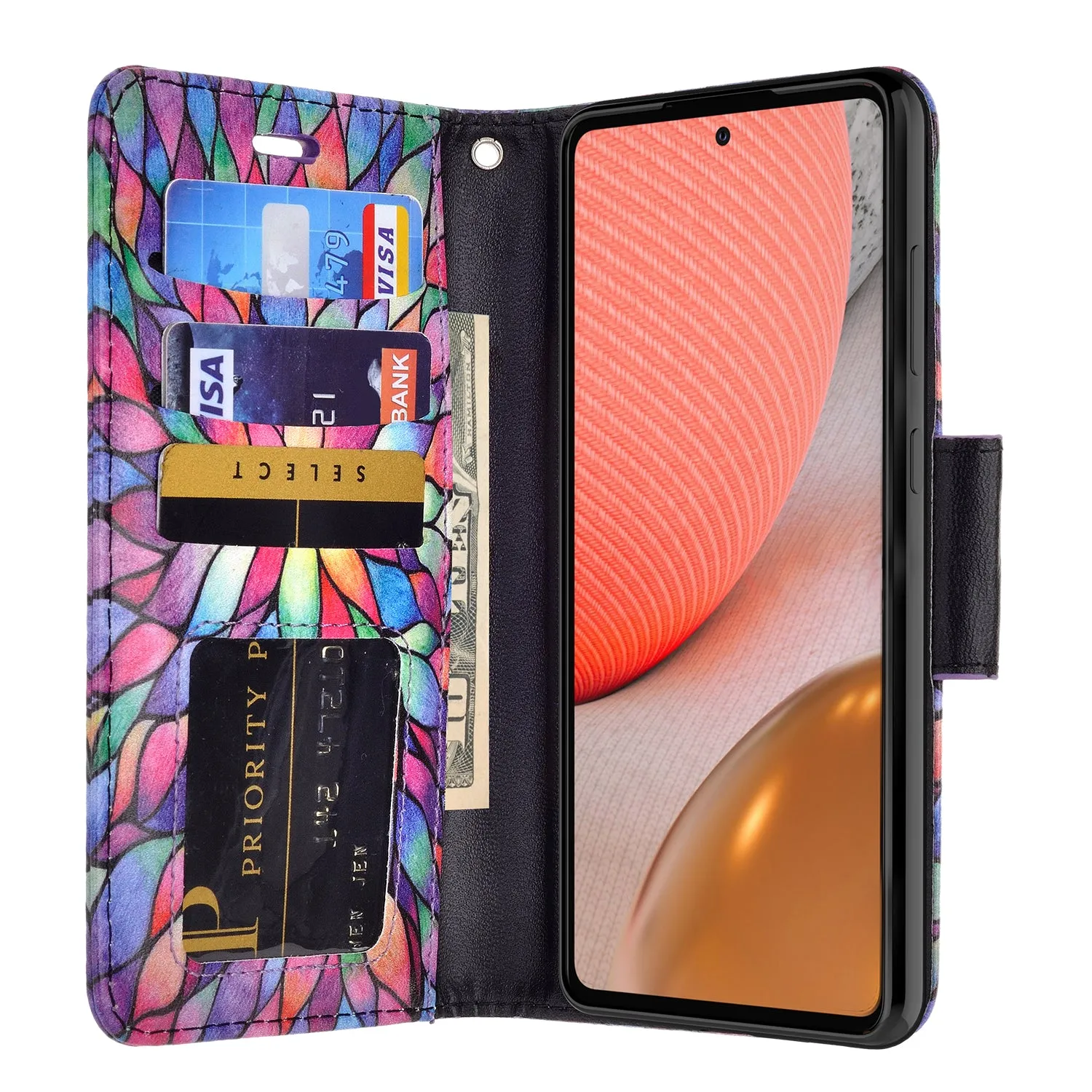 Samsung Galaxy A52 5G Case, Galaxy A52 5G Wallet Case, Wrist Strap Pu Leather Wallet Case [Kickstand] with ID & Credit Card Slots - Rainbow Flower