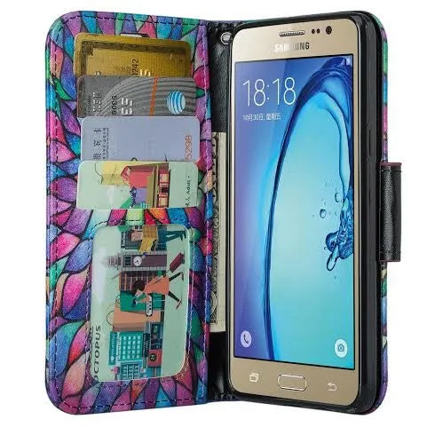 Samsung Galaxy J3 Case, J3V Case | Galaxy Express Prime Case | Galaxy Sky Case | Amp Prime Case | Galaxy Sol Wrist Strap Pu Leather Magnetic Fold Wallet Case with ID & Card Slots - Rainbow Flower