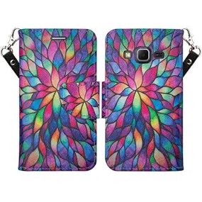 Samsung Galaxy J3 Case, J3V Case | Galaxy Express Prime Case | Galaxy Sky Case | Amp Prime Case | Galaxy Sol Wrist Strap Pu Leather Magnetic Fold Wallet Case with ID & Card Slots - Rainbow Flower