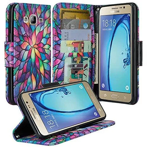 Samsung Galaxy J3 Case, J3V Case | Galaxy Express Prime Case | Galaxy Sky Case | Amp Prime Case | Galaxy Sol Wrist Strap Pu Leather Magnetic Fold Wallet Case with ID & Card Slots - Rainbow Flower