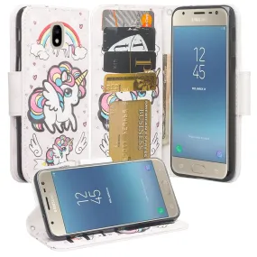 Samsung Galaxy J7 V 2nd Gen/J7 Crown/J7 Top/J7 2018/J7 Star/J7 Achieve/J7 Refine/J7 Aero/J7 Aura Case, Wrist Strap Pu Leather Wallet Case [Kickstand] with ID & Credit Card Slots - White Unicorn 2