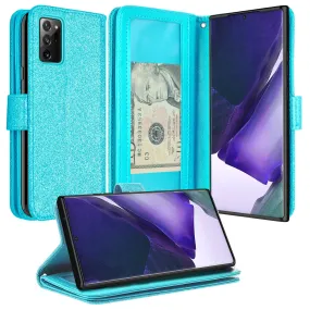 Samsung Galaxy Note 20 Ultra Case, Galaxy Note 20 Ultra Case, Glitter Faux Leather Flip Credit Card Holder Wrist Strap Shockproof Protective Wallet Case Clutch for Galaxy Note 20 Ultra - Teal