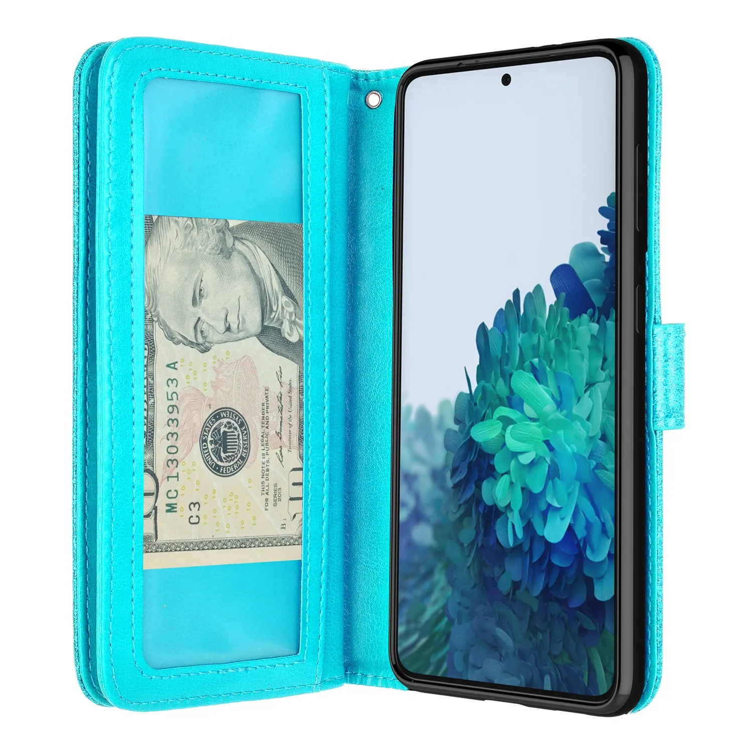 Samsung Galaxy S21 Case, Galaxy S21 Case, Glitter Faux Leather Flip Credit Card Holder Wrist Strap Shockproof Protective Wallet Case Clutch for Galaxy S21 - Teal