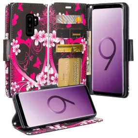 Samsung Galaxy S9 Case, SM-G960U Wallet Case, Wrist Strap Pu Leather Wallet Case [Kickstand] with ID & Credit Card Slots - Heart Butterflies