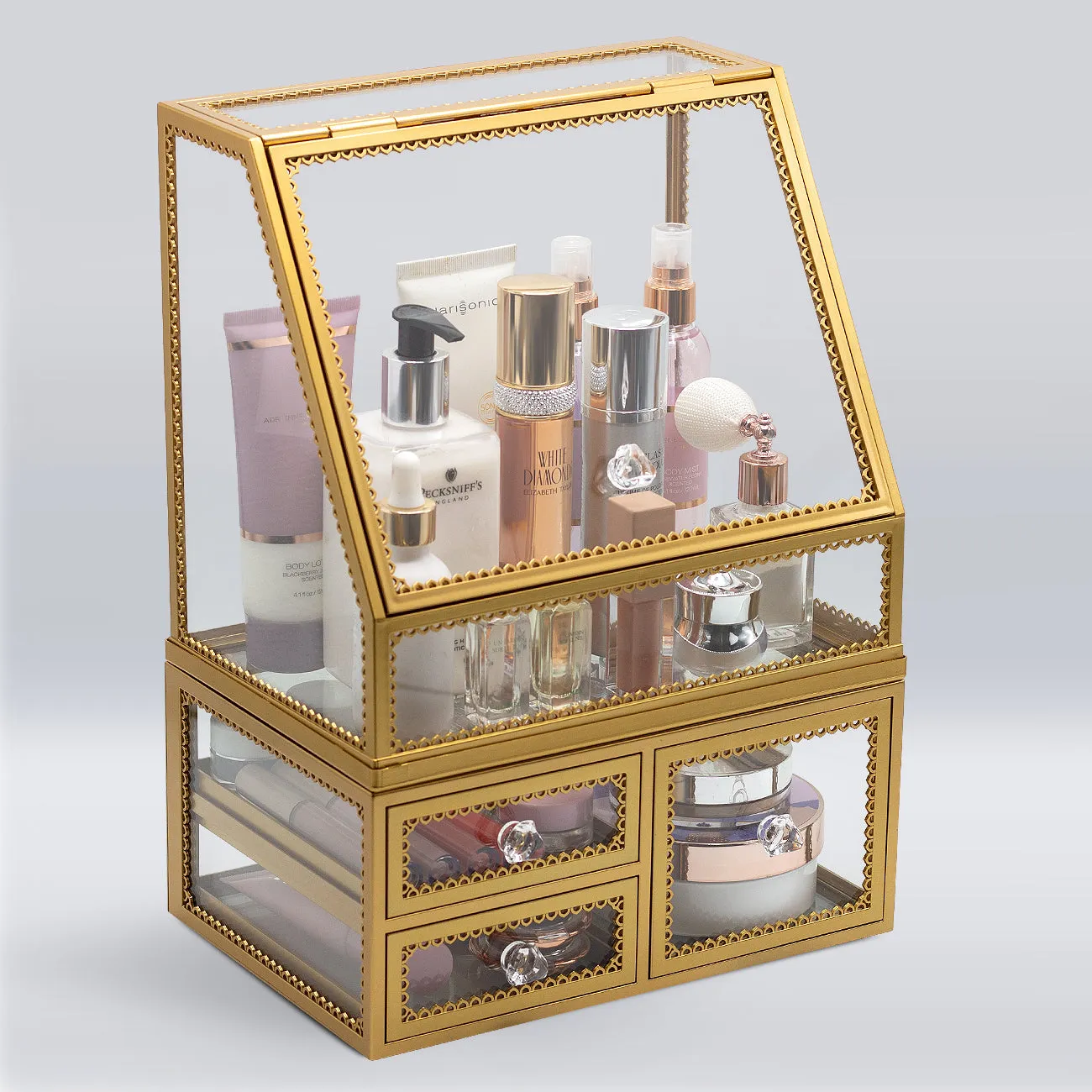 Slanted Lid Display Case with Drawers