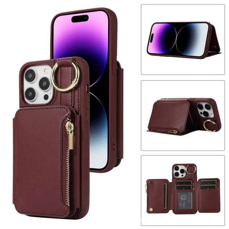 Soft Leather Wallet Case With Diagonal Shoulder Strap Zipper Card Slot For iPhone