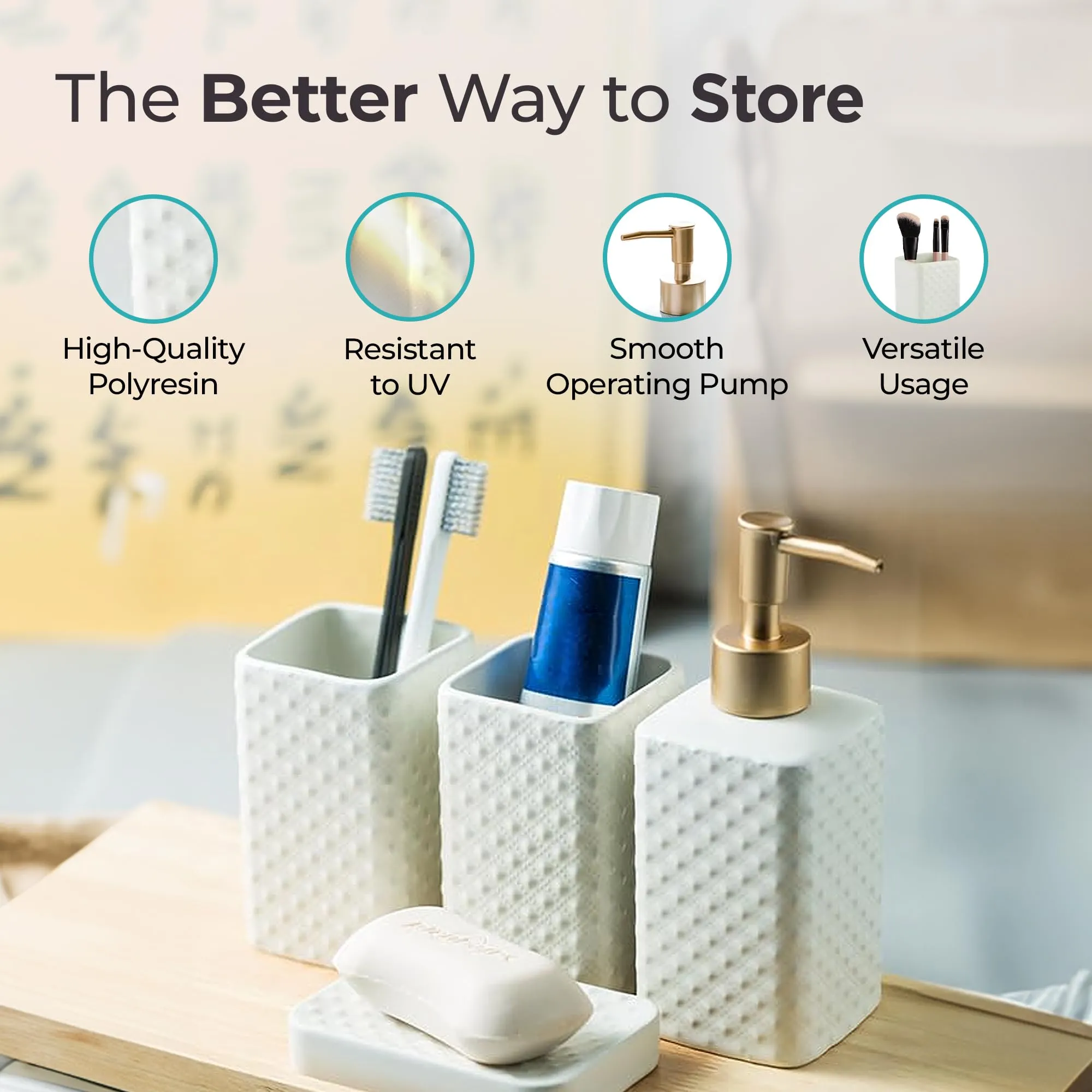 The Better Home 4pcs Ceramic Bathroom Accessories Set | Soap Dispenser(350ML) 2 Toothbrush Holders & Soap Case | Liquid Soap Dispenser For Bathroom | Soap Holder For Bathroom| Bathroom Organiser-White