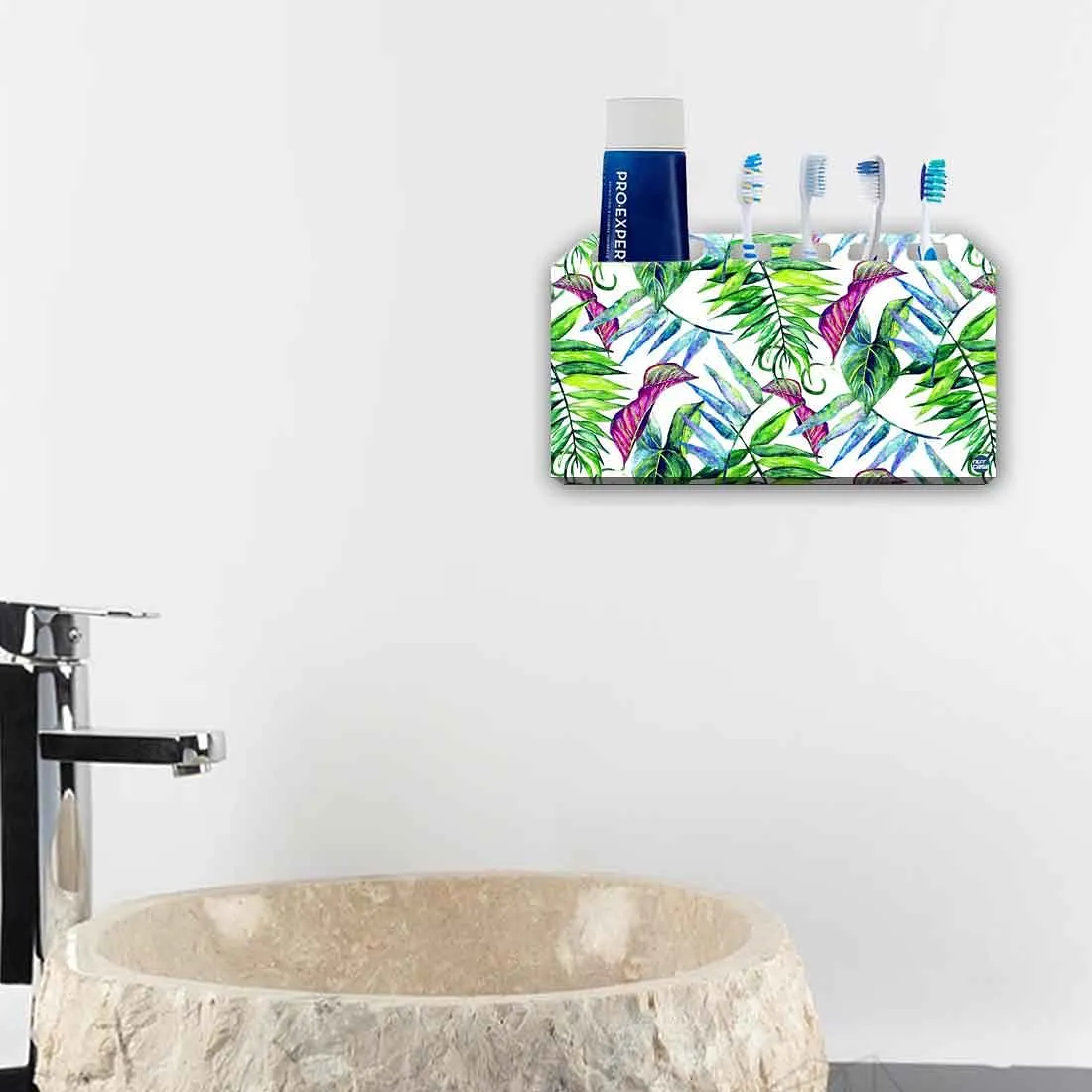 Toothbrush Holder Wall Mounted -Green and Purple Tropical Leaf