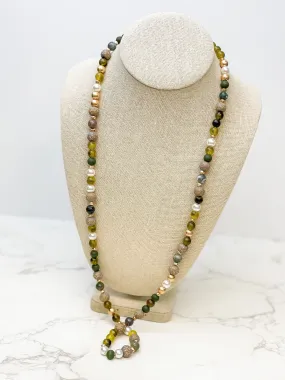 Tortoise Stone & Gold Beaded Long Necklace